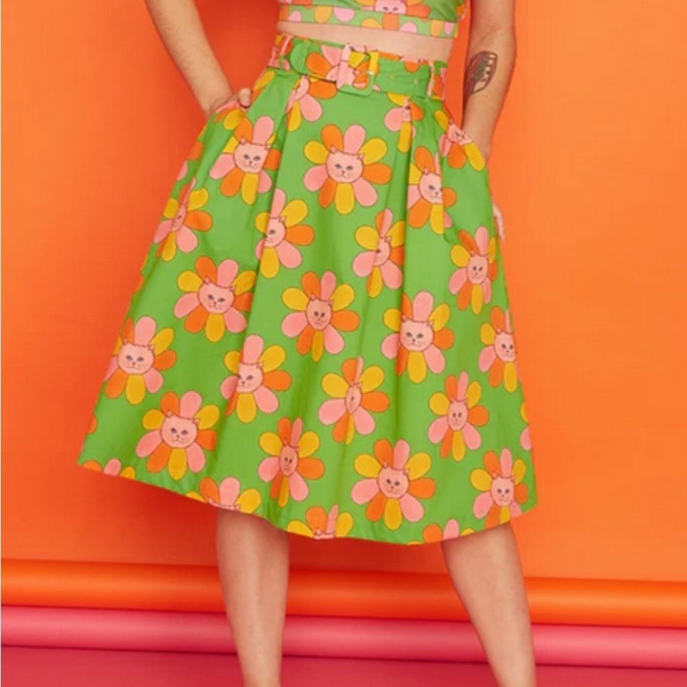 ModCloth Green A-Line Skirt with Pink & Orange Floral Faces